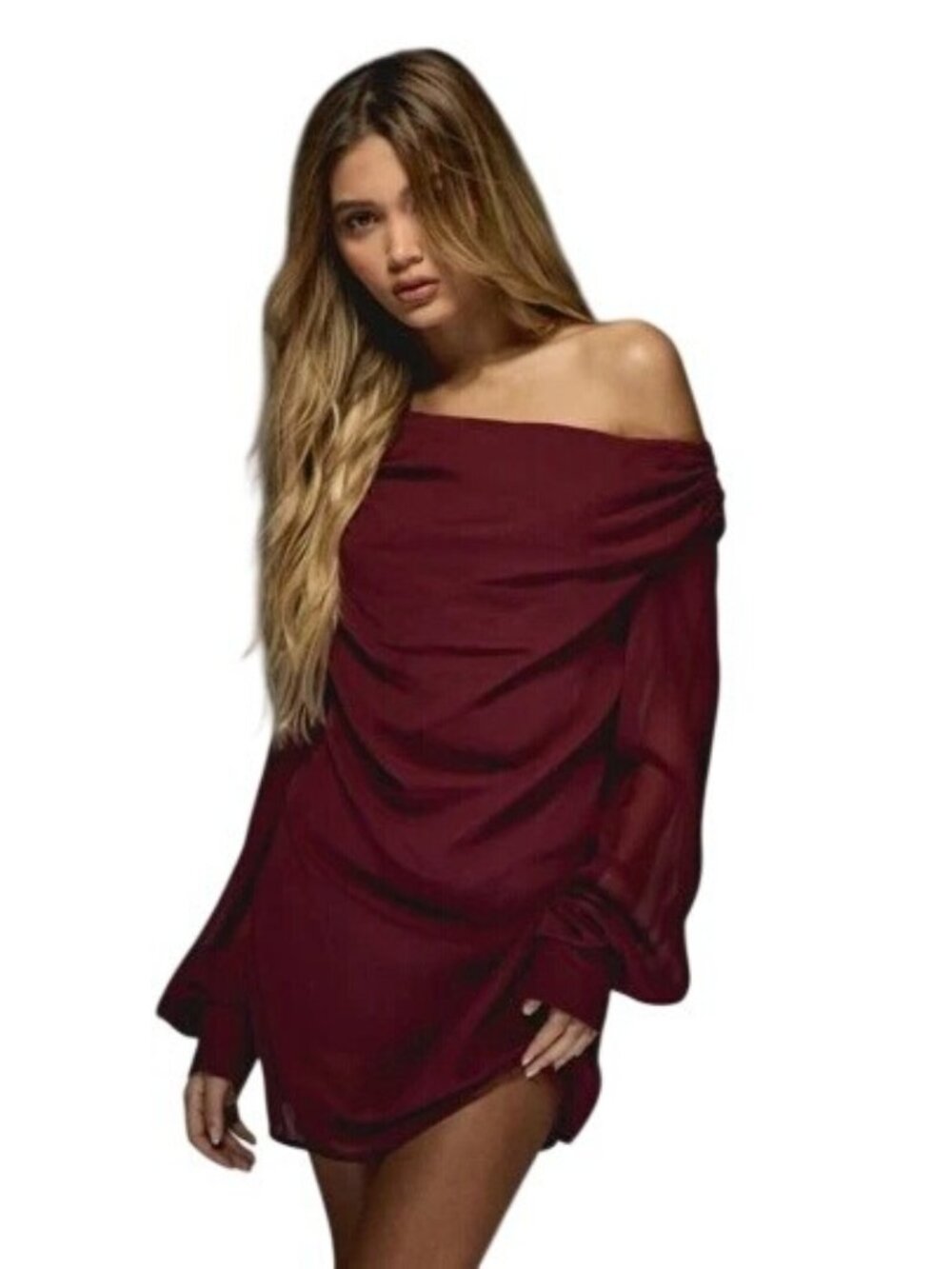 MISSGUIDED Off Shoulder Draped Mini Dress w Balloon Sleeves~Size M~Purple NWT
